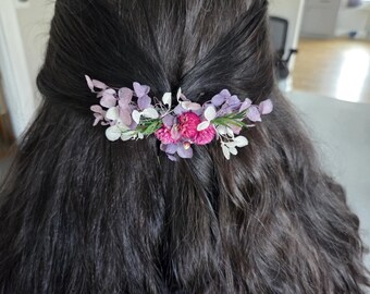 Bohemian Dried Flower Hair Comb: Purple White Wildflowers, Boho Wedding Accessory