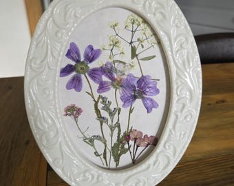 Pressed Flower Art: Handmade Embossed Porcelain Frame Suncatcher, White Framed Dried Wildflowers Mothers Day