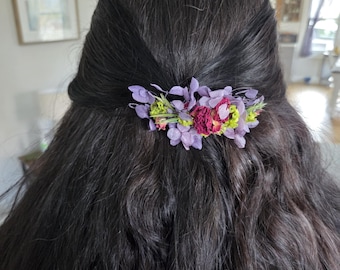 Bohemian Dried Flower Hair Comb: Purple Wildflowers, Roses, Greenery Accessory
