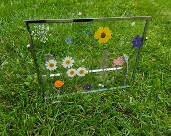 Handmade Pressed Flower Art Frame: Silver Floating Suncatcher, Botanical Wall Decor