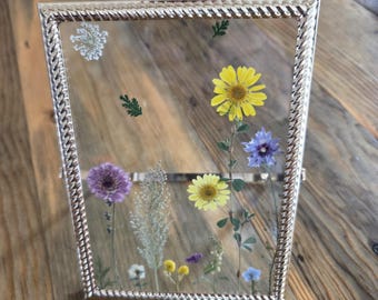 Handmade Pressed Flower Art Frame: Gold Floating Suncatcher, Botanical Wall Decor