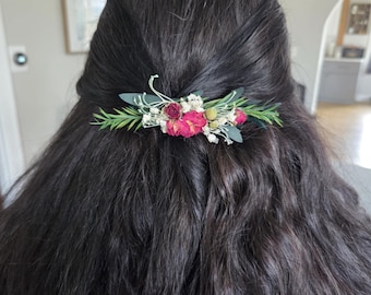 Bohemian Dried Flower Hair Comb: Roses, Greenery, Babies Breath Wedding Accessory