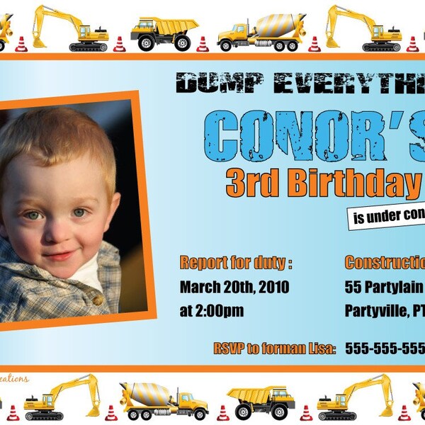 construction Birthday party Invitation, prinatble trucks birthday invitations
