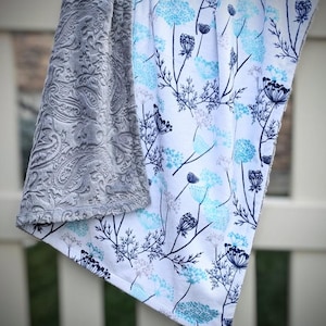 Premium Floral Teal Embossed Double-Layered Minky Blanket, Baby or Toddler girl gift, teal gray and white minky blanket, embossed plush