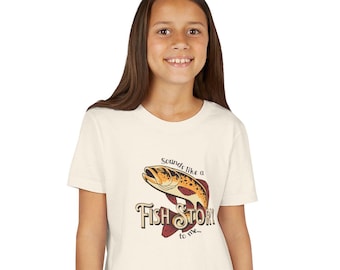 Fish Story-jeugdshirt, leuk visshirt, T-shirt voor outdooravontuur, cadeau voor jonge vissers, zomerkampkleding