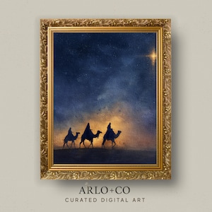 Three Wise Men Christmas Print | Watercolor Nativity Star Wall Art, Religious Holiday Decor, Camel Silhouette, Instant Download PNG
