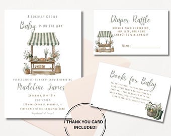 May include: A printable baby shower invitation with a watercolor illustration of a green and white striped market stand with produce and flowers. The invitation text reads "A Locally Grown Baby is on the Way" and includes the name "Madeline James". The invitation also includes a diaper raffle card and a books for baby card.