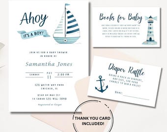 May include: Ahoy It's a Boy! Nautical themed baby shower invitation with a blue and white sailboat, lighthouse, and anchor. The invitation includes the date, time, and location of the shower. RSVP information is also included. A thank you card is included.