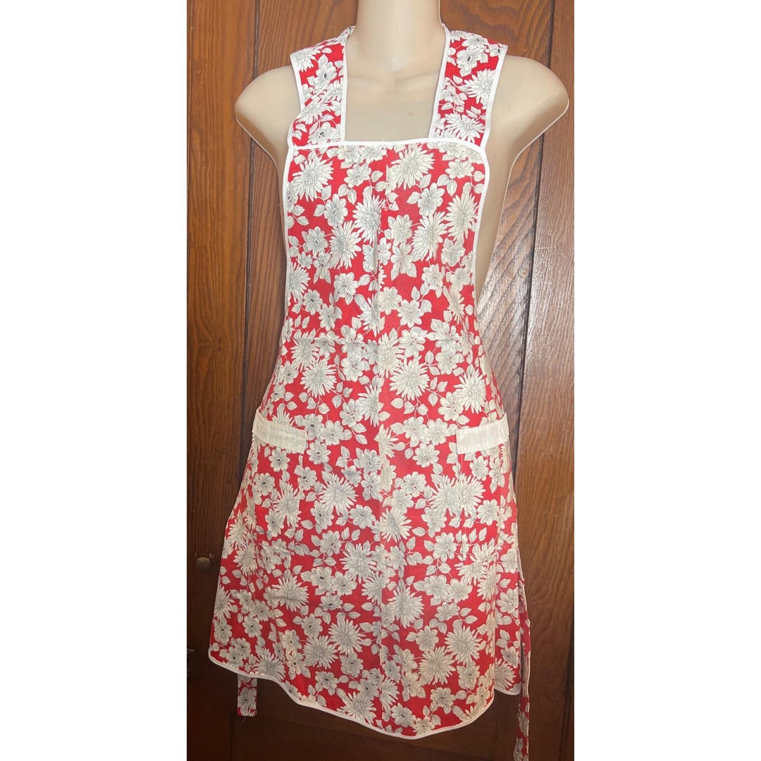 Vintage Handmade Red & White Floral Bibbed Apron With Pockets - Etsy