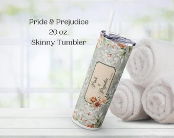 Pride and Prejudice Skinny Tumbler/Straw, 20oz, Jane Austen gifts, book lovers, bookish, classic literature, bibliophile, English teacher,