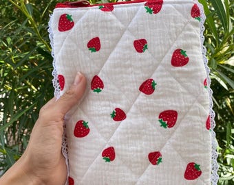 Quilted Strawberry Kindle Sleeve Case, Soft Padded E-Reader Pouch with Red Zipper, Handmade Cottagecore Kindle Paperwhite Cover, Bookish