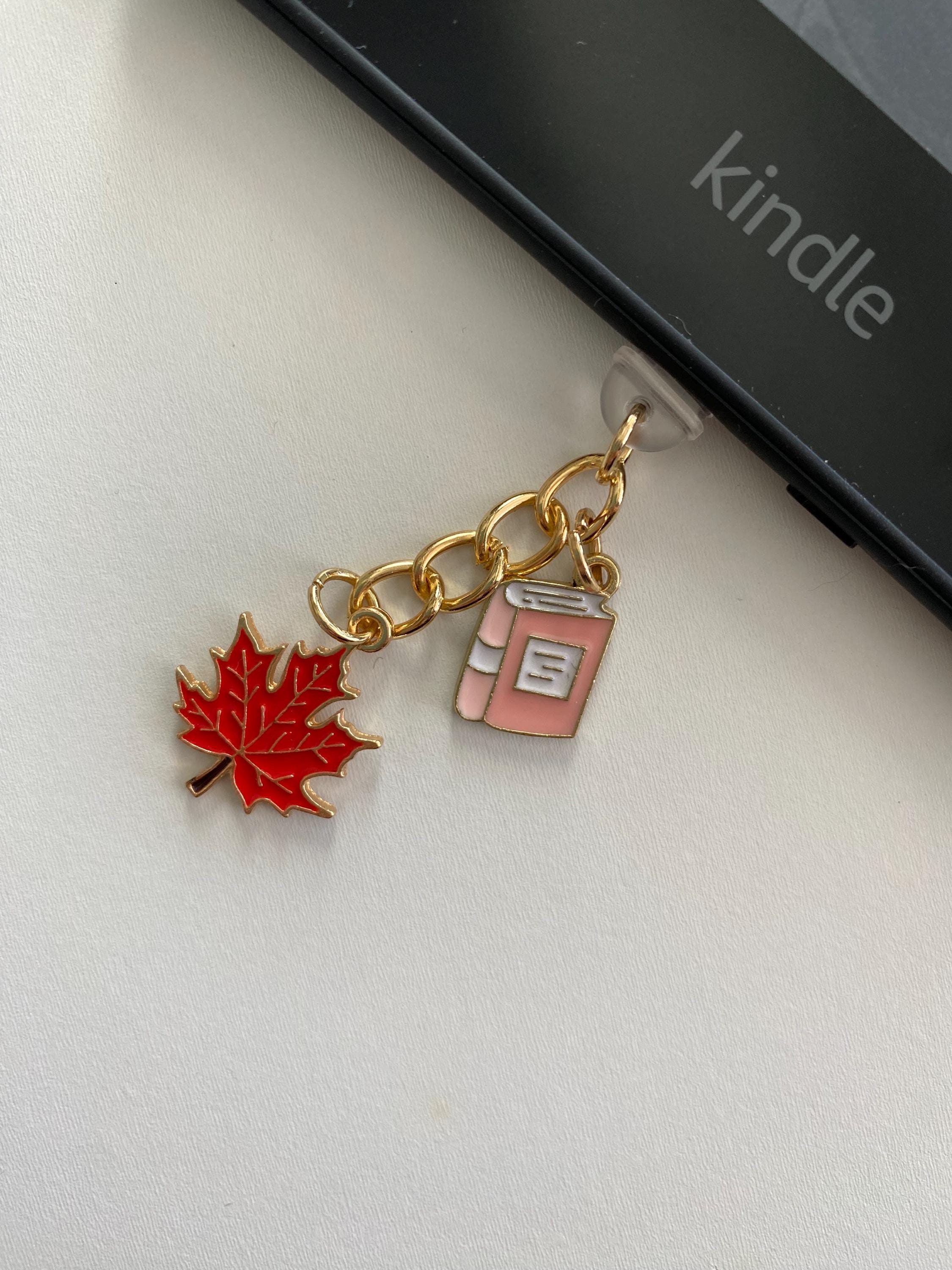 Fall Kindle Charm, Autumn Leaf & Book Dust Plug, Fall E-Reader Accessory, Cute Kindle Decoration for Book Lovers, booktok Accessories USB-C