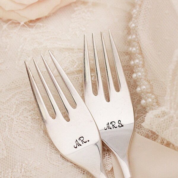 Wedding Fork Set - Mr. Mrs. Forks  Hand Stamped Silverware Wedding Table Setting Vintage Modern  Winsome 1959