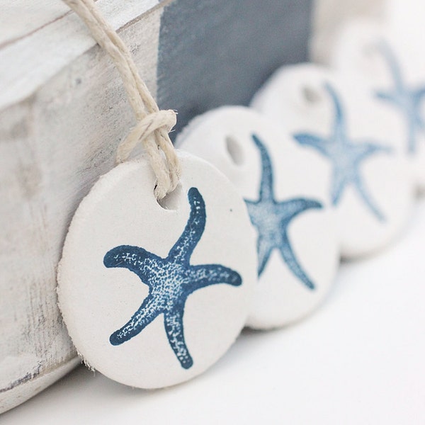 Starfish Gift Tags Clay : Hand Stamped White Clay Tags Navy Blue Starfish Set of 4 Coastal Beach Nautical Gifts