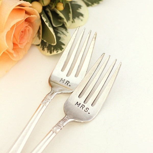 Mr. Mrs. Forks 1938 Danish Princess Hand Stamped Vintage Flatware. Wedding Cake Forks.