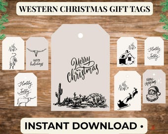 ウエスタンクリスマスギフトタグ • 印刷可能なカウボーイホリデーラベル（PDF + PNG）
