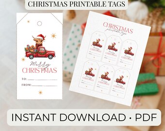 クリスマスギフトタグ（印刷可能）、赤いトラックのクリスマス、素朴なホリデー、農家のクリスマスラベル、PDFの即時ダウンロード、印刷可能なギフトラベル