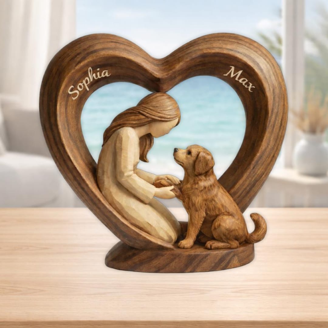Custom Dog and Owner Wood Plaque, Personalized Girl and Dog Wooden Block, Pet Memorial Gift, Hand Carved Style Heart Decor, Gifts for Her