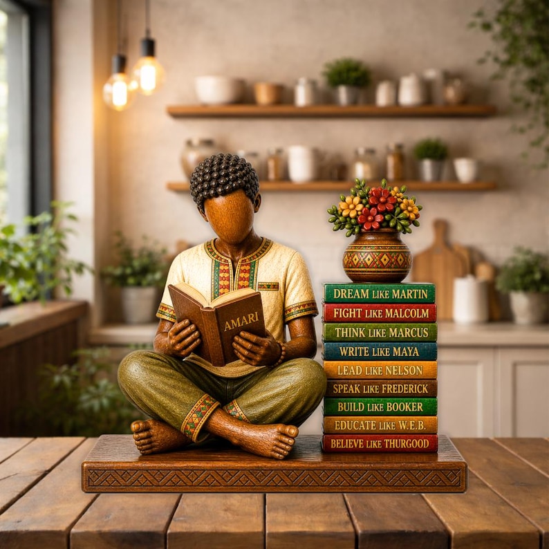Puede incluir: Una escultura de madera de una persona leyendo un libro con la palabra "AMARI" en la portada, sentada con las piernas cruzadas sobre una base de madera. Una pila de libros con t&iacute;tulos inspiradores y un jarr&oacute;n de flores est&aacute;n al lado de la persona.