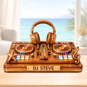 May include: A wooden DJ setup with headphones, a star, and a treble clef. The DJ controller has two turntables, buttons, and sliders. The text "DJ STEVE" is on a small plaque. The headphones are brown.