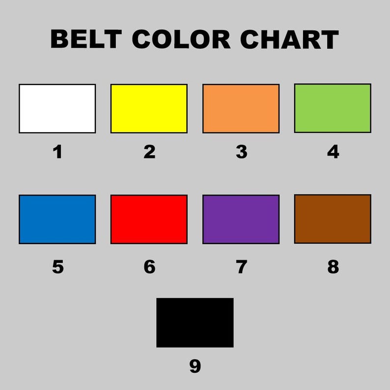 May include: A "Belt Color Chart" graphic with nine colored rectangles, each representing a belt color. The colors include white, yellow, orange, green, blue, red, purple, brown, and black, numbered 1 through 9.