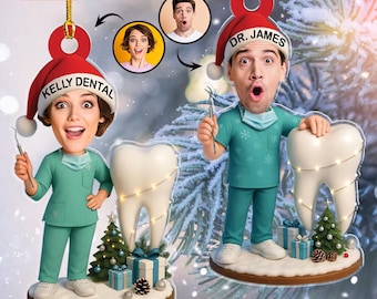 May include: Christmas ornament featuring a dentist in a Santa hat and scrubs, holding dental tools and a large tooth. The ornament has a personalized name on the hat and includes a small Christmas tree and gifts. The words "2D FLAT" are at the top.