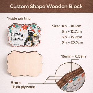 Puede incluir: Bloque de madera de forma personalizada con un dise&ntilde;o festivo. El bloque presenta una imagen impresa de tres gatos con atuendos navide&ntilde;os, con el texto "Meowy Catmas". El bloque mide de 10,1 cm a 20,3 cm y est&aacute; hecho de madera contrachapada de 5 mm.