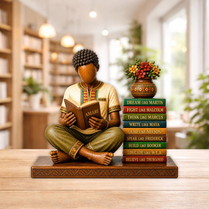 Puede incluir: Una escultura de madera de una persona leyendo un libro con la etiqueta "AMARI", sentada sobre una base de madera. Junto a la figura hay una pila de libros con citas inspiradoras y un jarr&oacute;n con flores. La figura lleva una camisa y pantalones estampados.