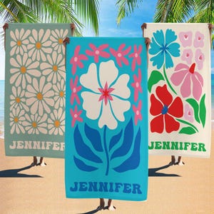 Retro Flower Personalized Beach Towel Groovy Vibes Custom Beach Towel, Custom Name Towel Summer Gift For Her Girl Trip Essentials Pool Towel