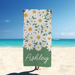 Custom Daisy Beach Towel With Name Personalized Beach Towel Daisy Floral Towel Boho Bachelorette Bridesmaid Gifts Groovy Retro Floral Towel