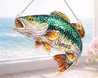 Letrero colgante personalizado para pesca de lubina, atrapasol, lubina negra, decoración para ventana, regalo de pescador para él, decoración del hogar, atrapasol.