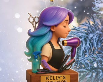 May include: A 2D flat ornament featuring a stylized female figure with purple and teal hair, wearing a black apron. The ornament includes a hair dryer, flat iron, comb, and scissors. The base reads "KELLY'S HAIR SALON".