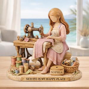 May include: A figurine of a person sewing at a vintage sewing machine. The figure is wearing a pink dress and apron, with long orange hair. The base reads "SEWING IS MY HAPPY PLACE". Spools of thread and a basket of supplies are also present.