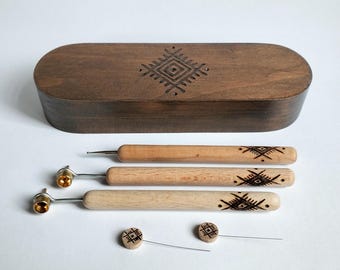 Pysanky kit, Ukrainian egg decorating kit, Kistky in a brown wooden box, Pysanky tools and supplies, Easter gift set, Handmade in Ukraine