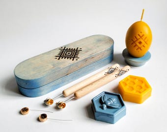 Pysanky kit, Tools and supplies for Ukrainian Easter egg decorating, Kistky in a wooden box, Colored beeswax and candle, Handmade in Ukraine