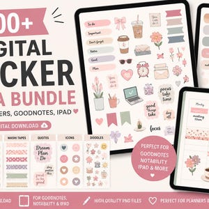 Puede incluir: Mega paquete de pegatinas digitales para planificadores, GoodNotes e iPad. La imagen muestra una colección de pegatinas digitales con varios diseños, incluyendo listas de tareas, citas, iconos y garabatos. Las pegatinas son de colores pastel suaves.