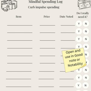 Op de afbeelding: Een beige Mindful Spending Log met de tekst "Curb impulse spending". Het logboek bevat secties voor item, prijs, datum genoteerd en een sectie "Do I really need it?". Een gele plakbriefje luidt "Open and use in Good note or Notability."