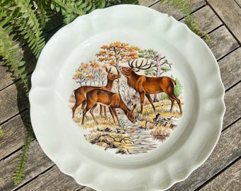 Plato grande de porcelana Limoges vintage - Diseño de ciervos en el bosque - Escena de caza vintage - 30 cm - Vajilla