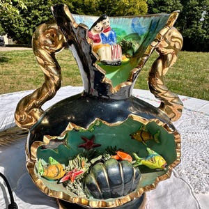 VALLAURIS Style Fish Lamp Vase in Green Gold Black Enameled Ceramic - Kitsch - Bedroom Decoration - Vintage Lamp - Signed Nice