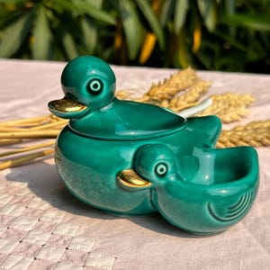 Juego de sal, pimienta y mostaza con forma de pato de porcelana verde vintage - Vajilla - 1950 - Sello 27 4620 Francia