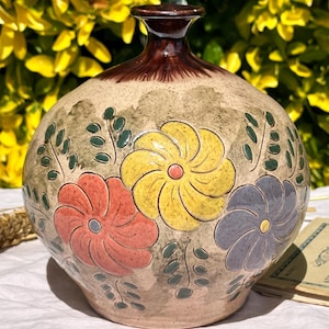 Antique Polychrome Glazed Stoneware Ball Vase, Signed - Floral Decoration - French Pottery - Vallauris Style