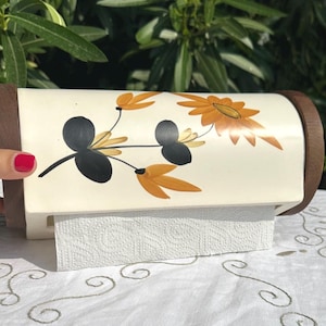 POTERIE du MARAIS FRANCE - Porta-toalhas de papel vintage de cerâmica e madeira - Decoração floral pintada à mão