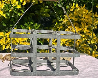 Portabottiglie vintage in zinco galvanizzato - 6 bottiglie - Manico in legno - Decorazione industriale - Rustico - Stile country - Supporto per piante