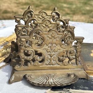 Antique Late 19th Century Solid Brass Letter Rack - Ornate Mail Holder - Antique Desk Organizer Decoration - 3 Compartments