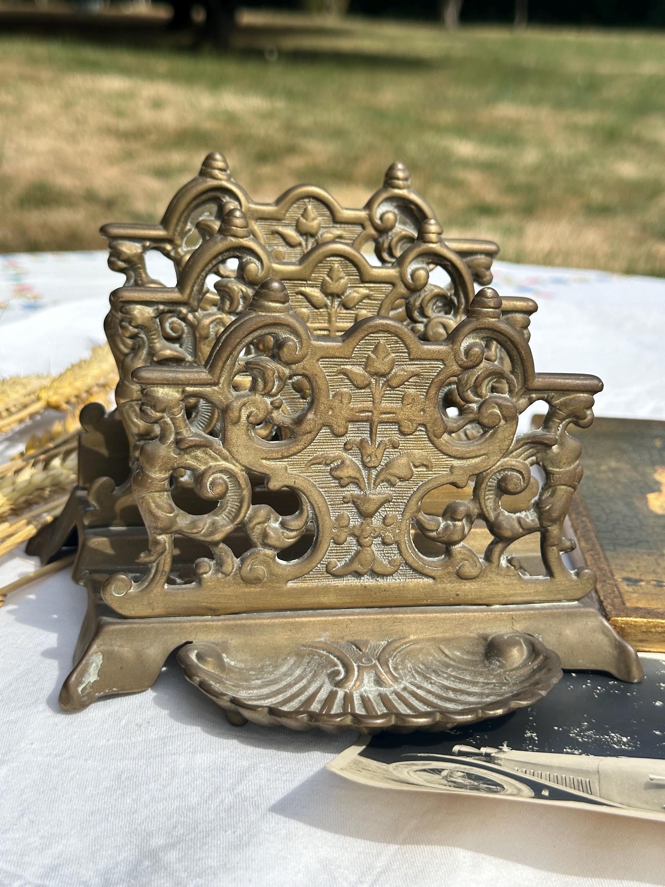 Antique Late 19th Century Solid Brass Letter Rack - Ornate Mail