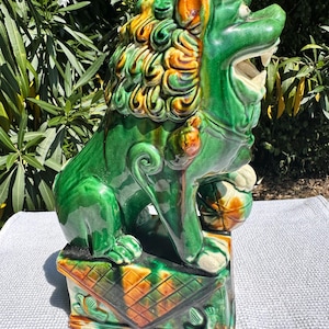 Vintage Foo Dog Ceramic Sculpture Statue - Guardian Tang Sancai - Chinese Living Room Office Decoration - Lion - Dog - 11.02&quot;