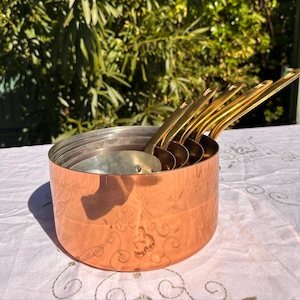 Vintage French L. LECELLIER VILLEDIEU Set of Five Copper Saucepans - Brass Handles - Tin Coating - 20/18/16/14/12