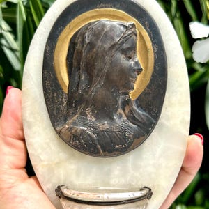 Antique Religious Holy Water Font in Marble & Brass of the Blessed Virgin Mary - Wall Holy Water Font - Catholic Holy Water Font to Hang