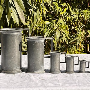 Set of 6 Antique French Pewter Apothecary Measuring Cups Jugs - Pewter Measuring Cup - Tin Tankards - Country Kitchen Decor