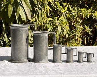 Great Set 7 Antique French Pewter Measuring Cups Tankards Liter to